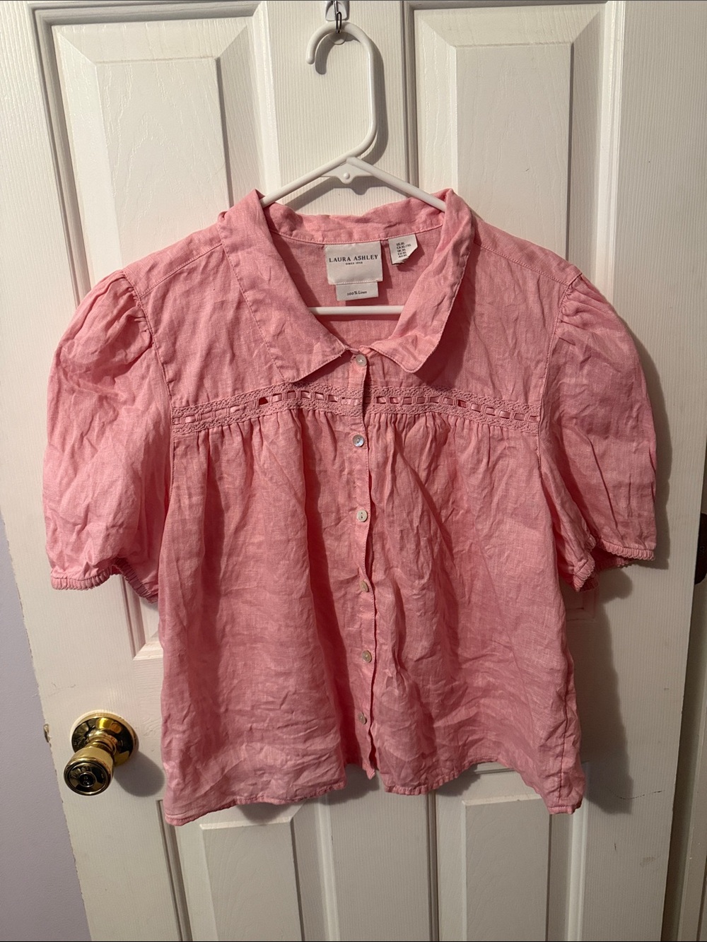 Laura Ashley Linen Pink Button-Down Puff Sleeve Blouse
